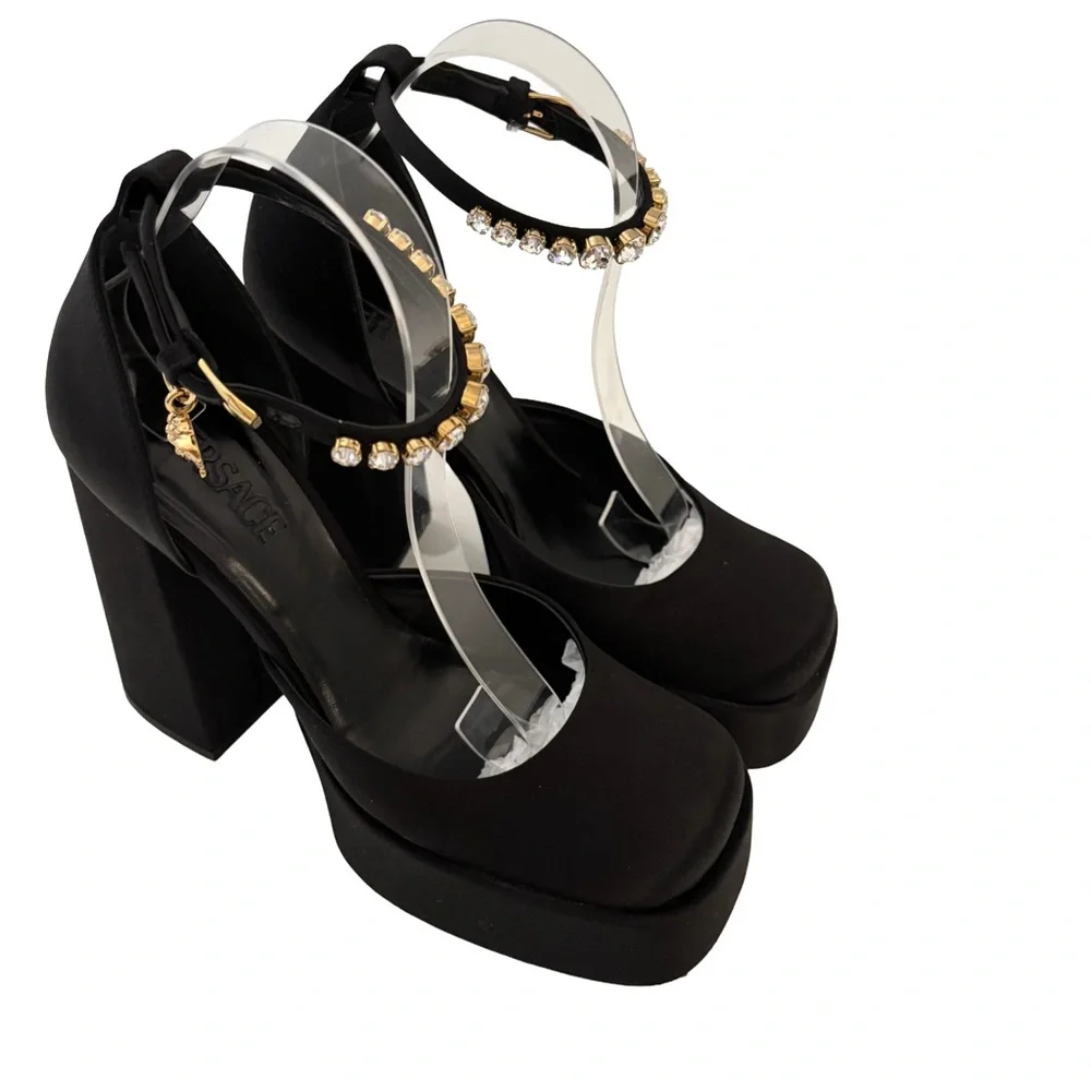 Versace Medusa Aevitas Black Satin Pumps Platform Crystal Heel EU 39.5 US 9.5